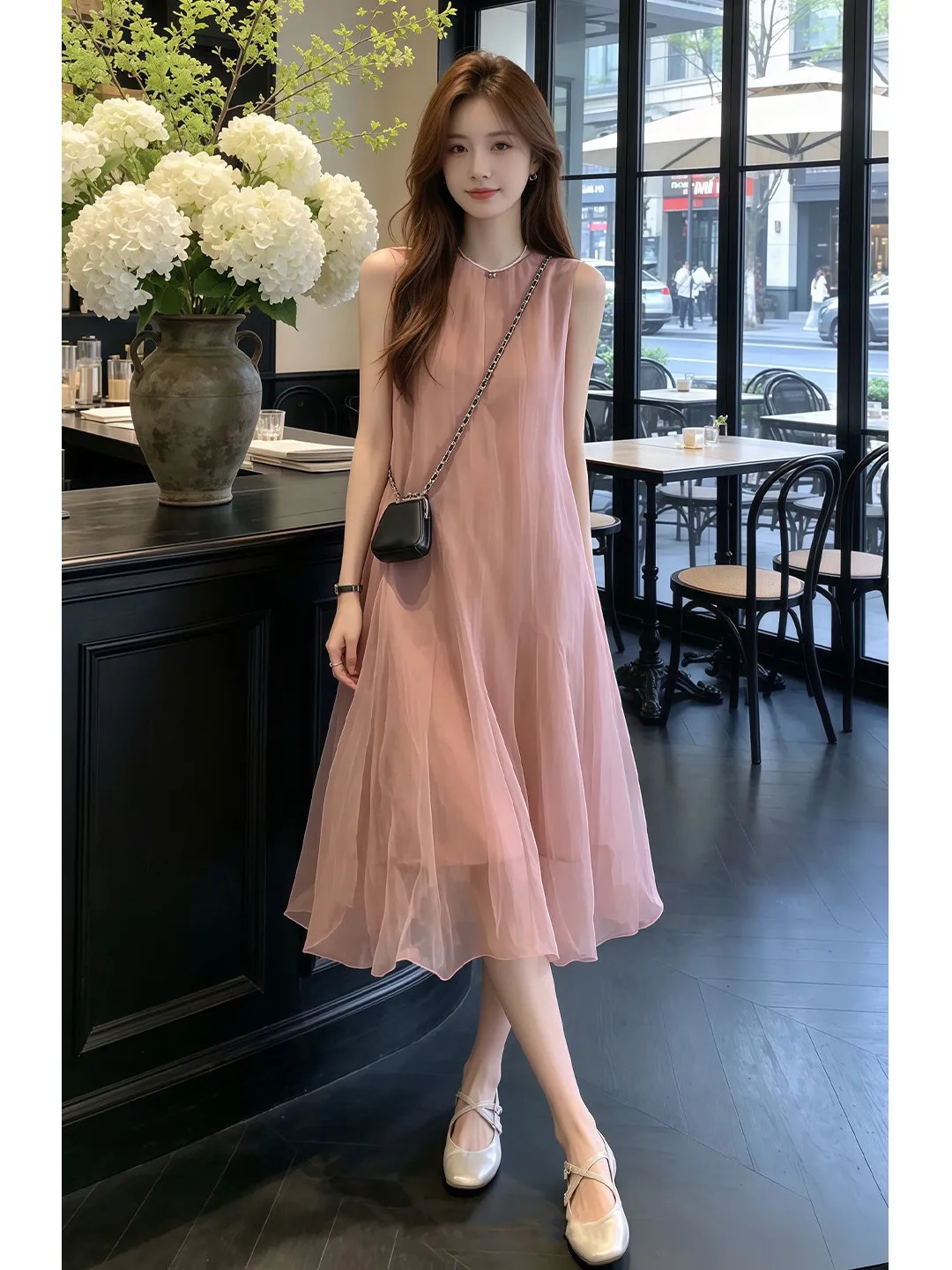 Summer Pink Sleeveless Dress Versatile Holiday Style High Waist A-Line Skirt Breathable Polyester Fabric Comfortable to Wear
