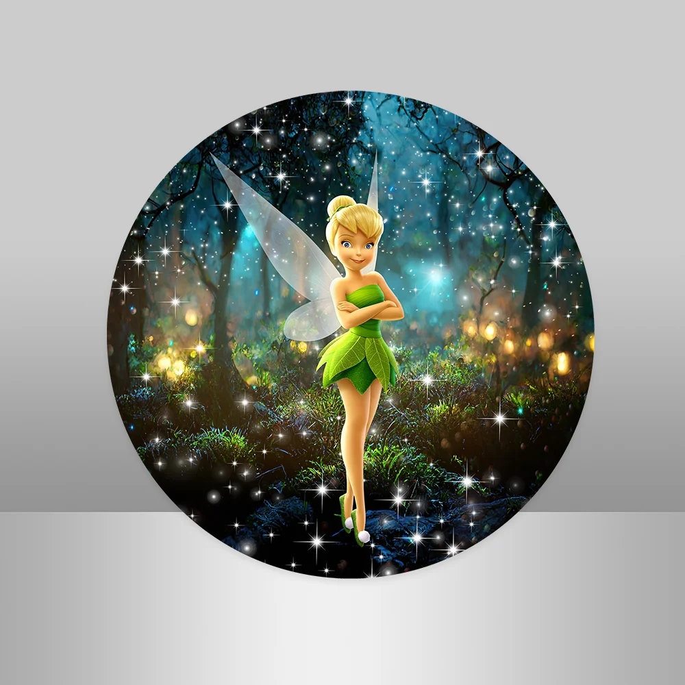 Princess Tinkerbell Birthday Round Backdrop Cover for Girls Fairy Photo Background Cake Table Cylinder Plinth Covers Banner