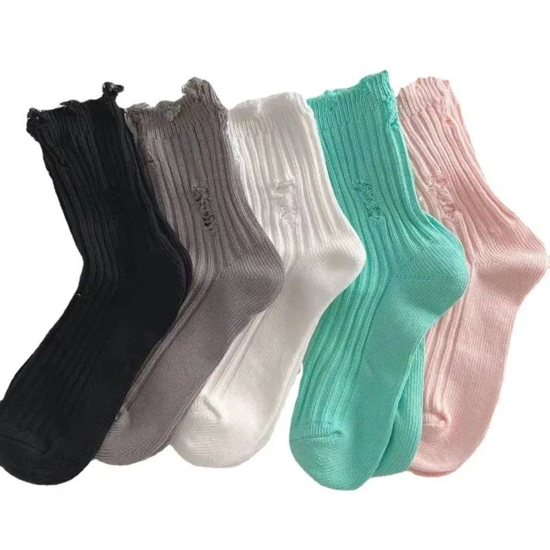 Women's Solid Color Ripped Socks Y2K Street Style Distressed Middle Tube Socks for Girls Broken Hole Beggar Trendy Footwear
