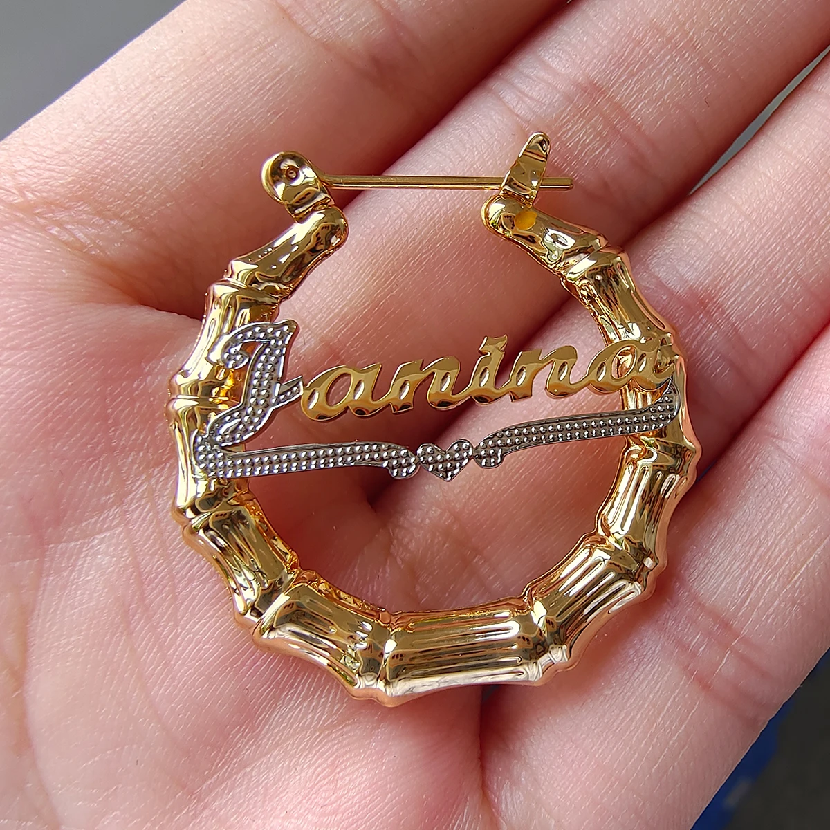 3D Double Color Stainless Steel Nameplate Hoop Earrings Custom Name 30mm Bamboo Earrings Jewelry Anniversary Gift For Women Kids
