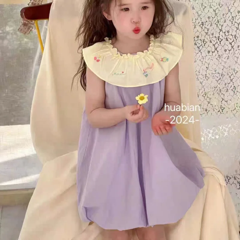 XH-Girls' Summer Taro Purple Vest Skirt Baby Sweet Western Style Bud Skirt Sleeveless Dress