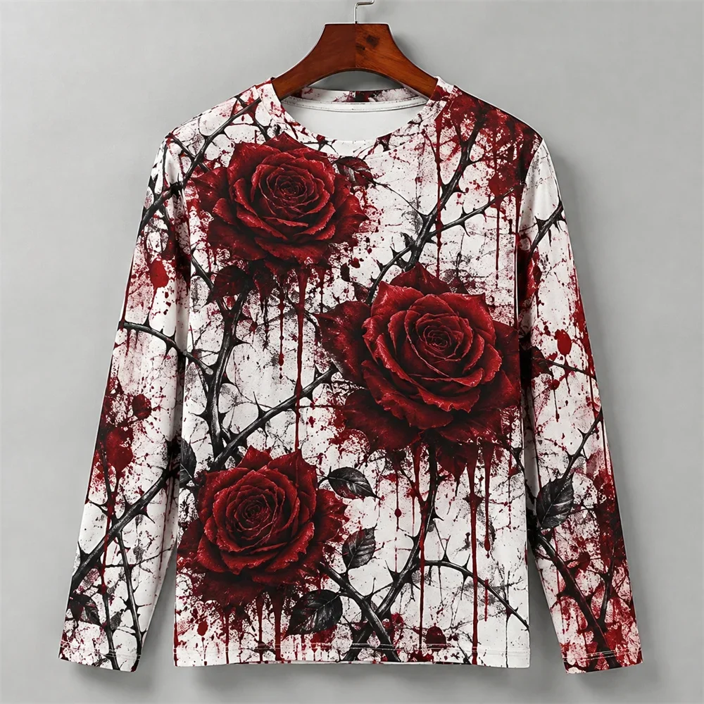 3D Print Horror Red Blood Stains Pattern Halloween Long Sleeve T Shirt For Men Vintage Halloween Party Personality OOTD Tee Top view 2
