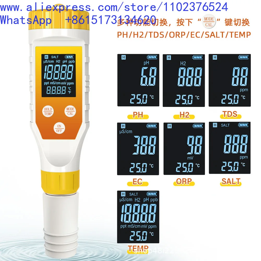 7 in 1 water quality tester pen PH/EC/TDS/H2 hydrogen rich/ORP/salinity/