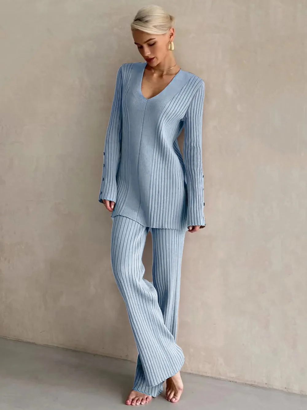 Wixra Women Sets Solid Autumn Winter V Neck Buttons Pullover Sweater+High Waist Trousers Knitwear Elegant Female Suits