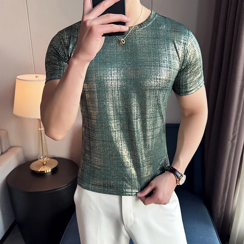 2024 Summer New Bright Glossy Solid Color Slim Fit T Shirts Mens Casual Round Neck Versatile Fitness T-Shirt Top Homme 3XL-M