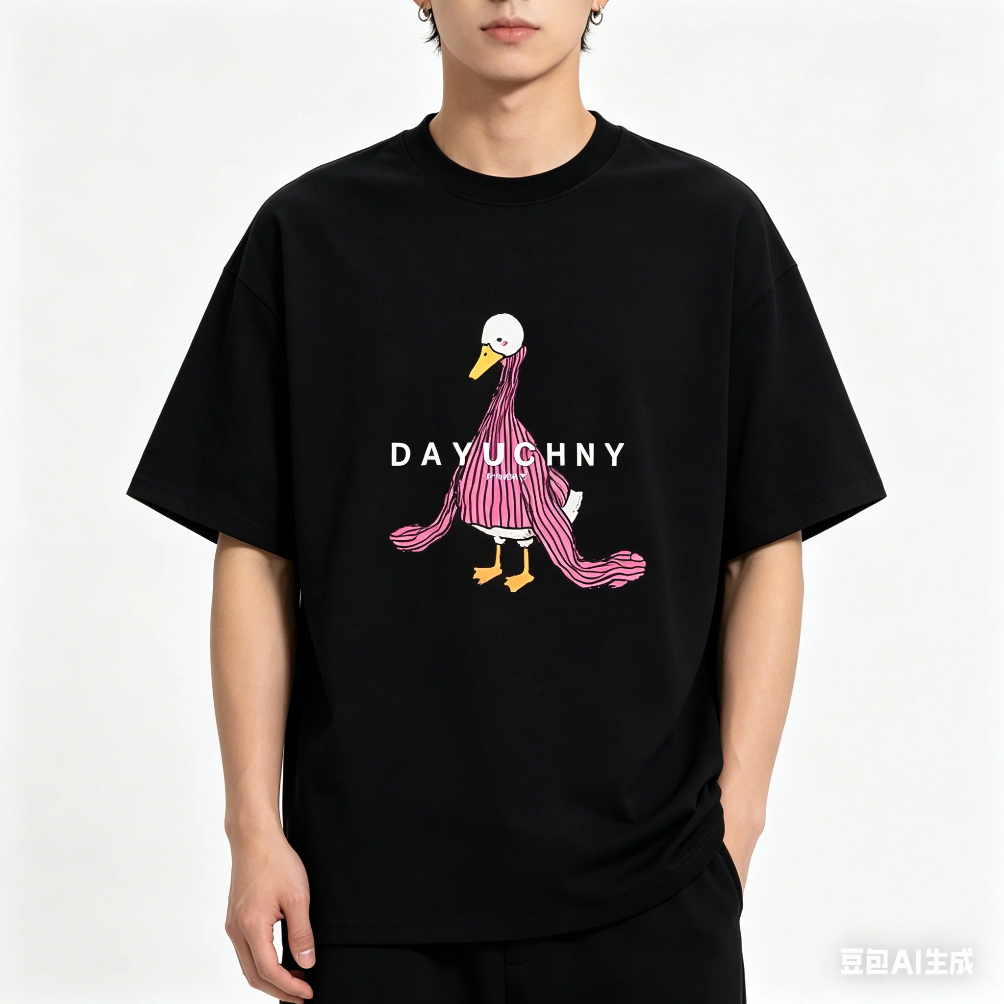 Oversized Black T-Shirt with Pink Striped Duck Graphic | 