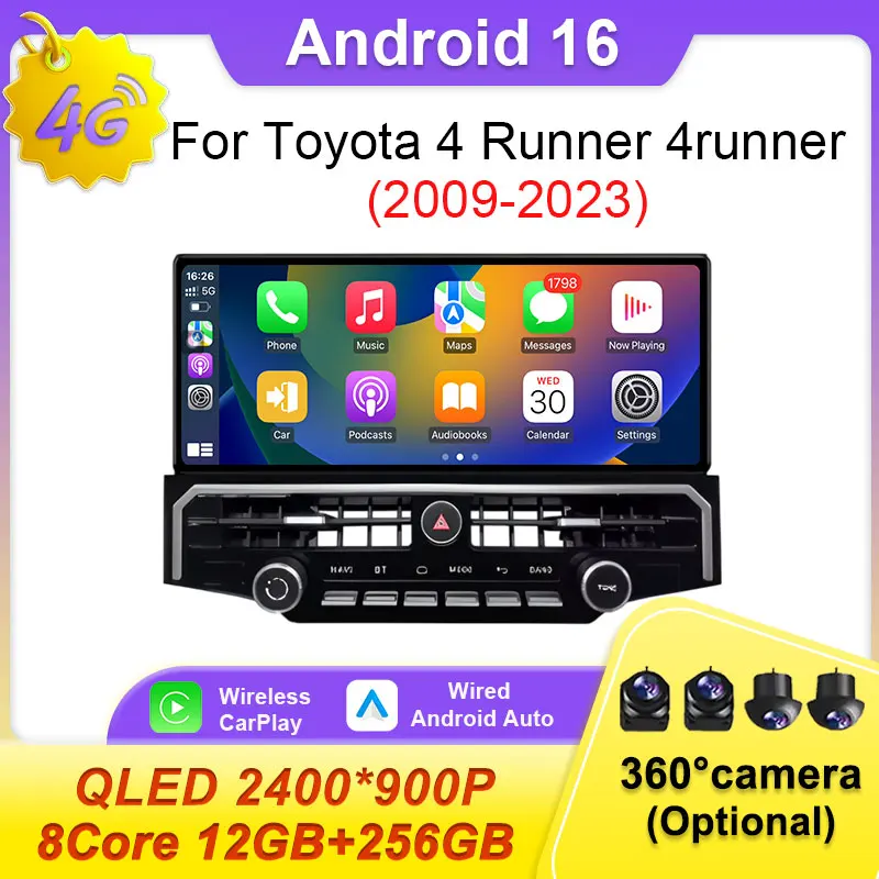 

Автомобильный радиоприемник с беспроводным CarPlay, видео- и аудиоплеер для Toyota 4 Runner 2009-2023, GPS-навигация, Wi-Fi+4G, Bluetooth, мультимедиа, DSP, стереосистема