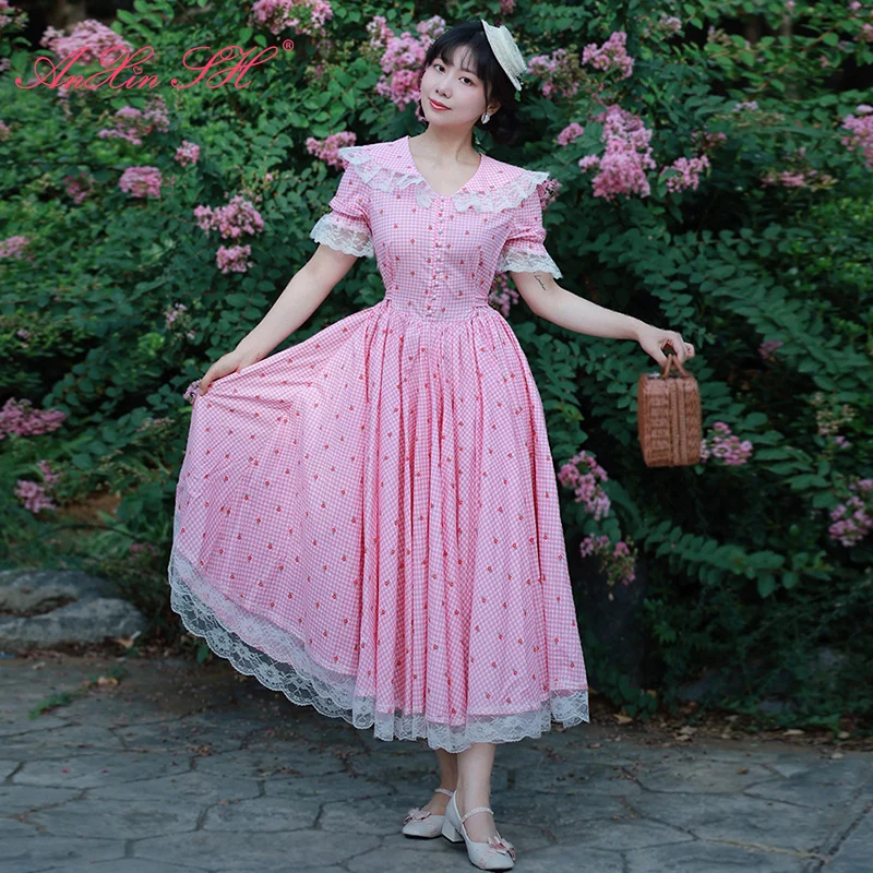 

AnXin SH French pink grid cotton white flower lace short puff sleeve v neck button zipper bow party customized evening Dress