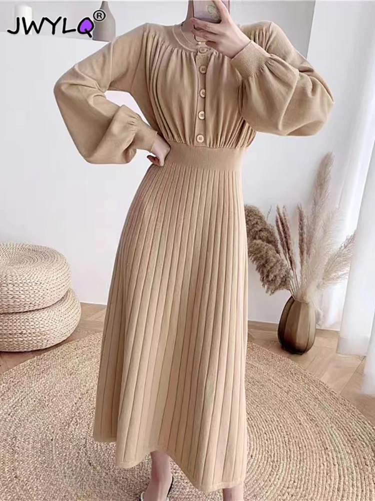 

Korean Fashion O-neck Button Slim Knitted Dress Solid Color Simple Long Sleeve Long Sweater Dresses All-match Soft Dresses Women