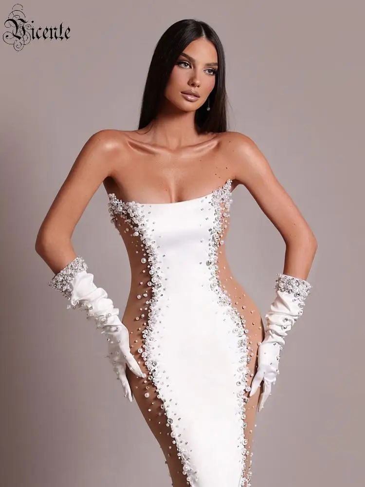 

VC Gala Opulence Black & White Pearl-Embellished Strapless Backless Midi Dress Party Gown