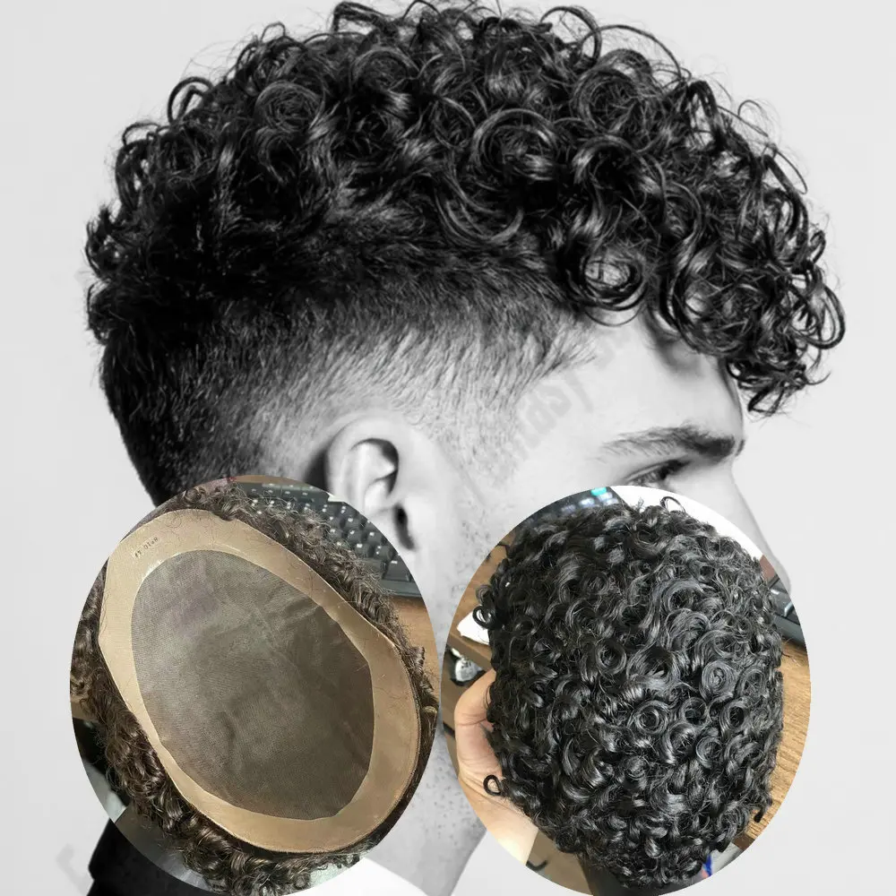 

18mm Curly Men's Black Brown Human Hair Toupee Breathable Mono NPU Base15mm20mm Curly Durable Male Replacement System Prosthesis