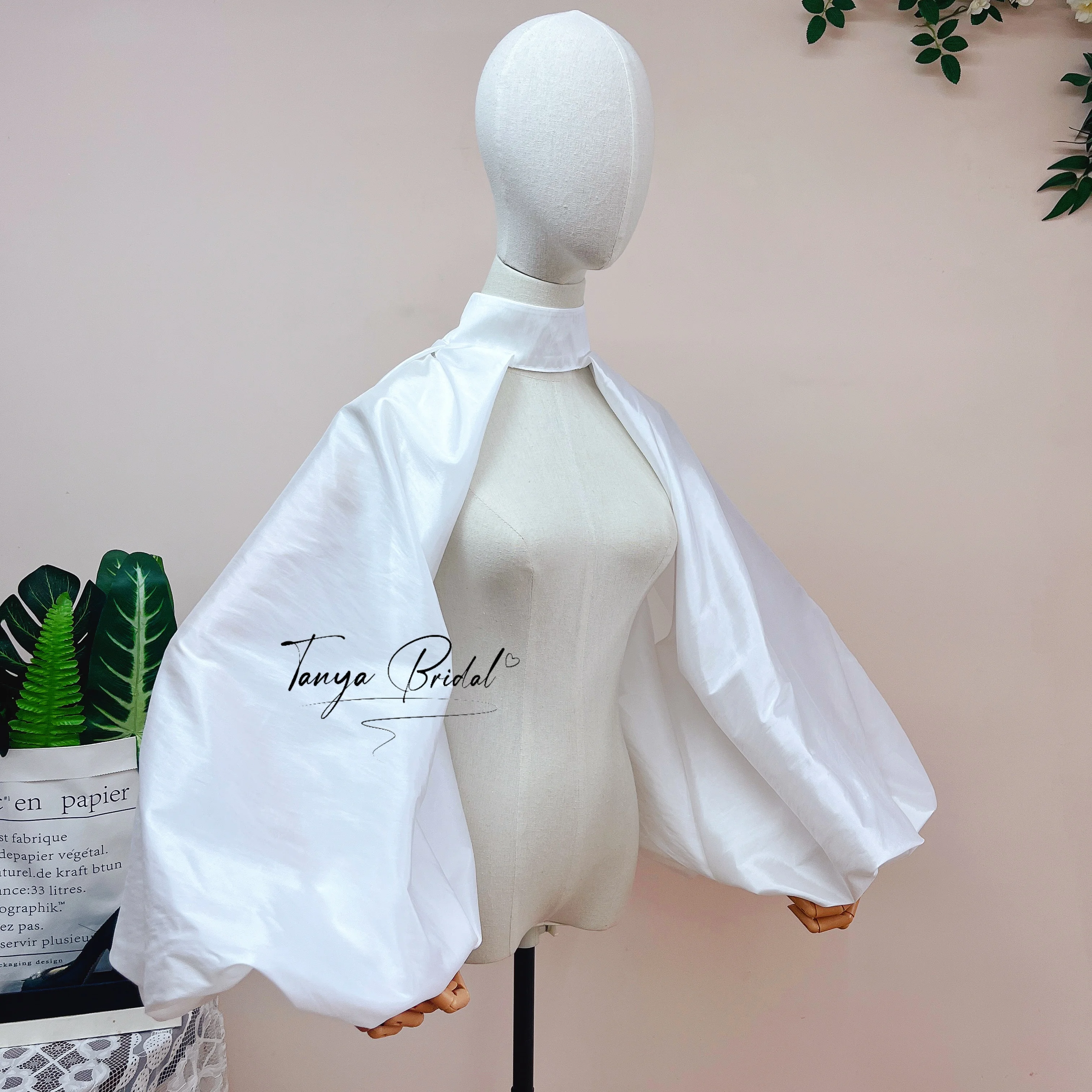 White Taffeta High Neck Bolero Jacket Giant Puff Sleeve Back Button Cape Shrug Wedding Evening Dress Cover Up