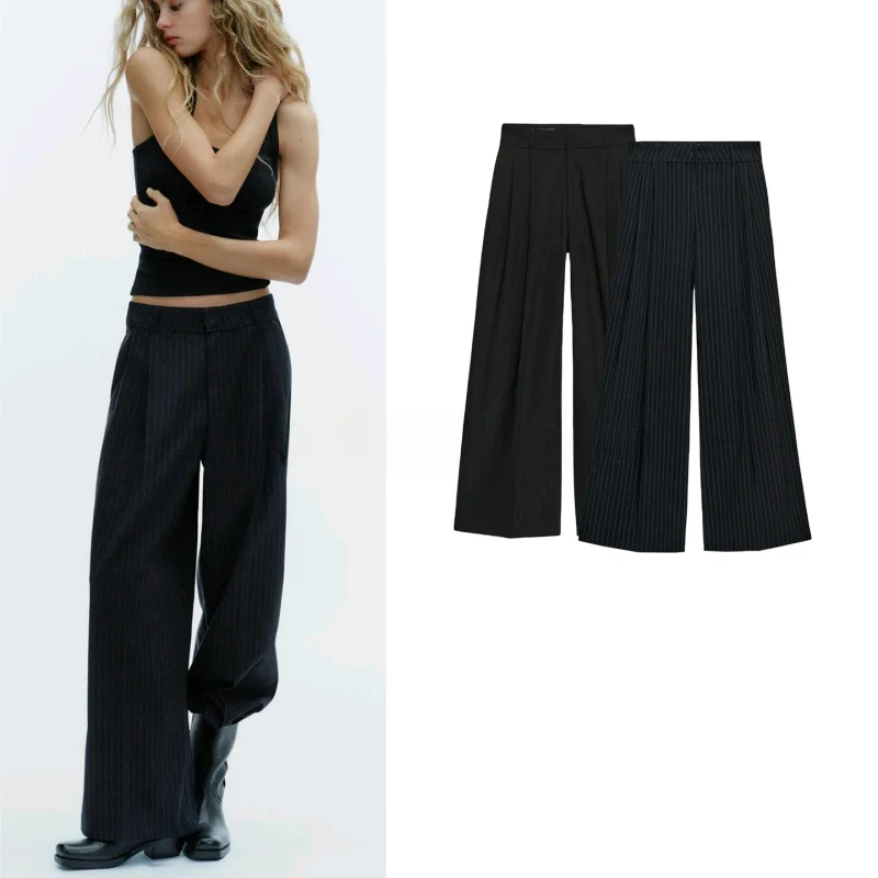 

Spring New Women's Loose Straight Leg Pants Casual Style Pleated Hidden Button Loose Fit Trousers for Ladies Polyester Fiber