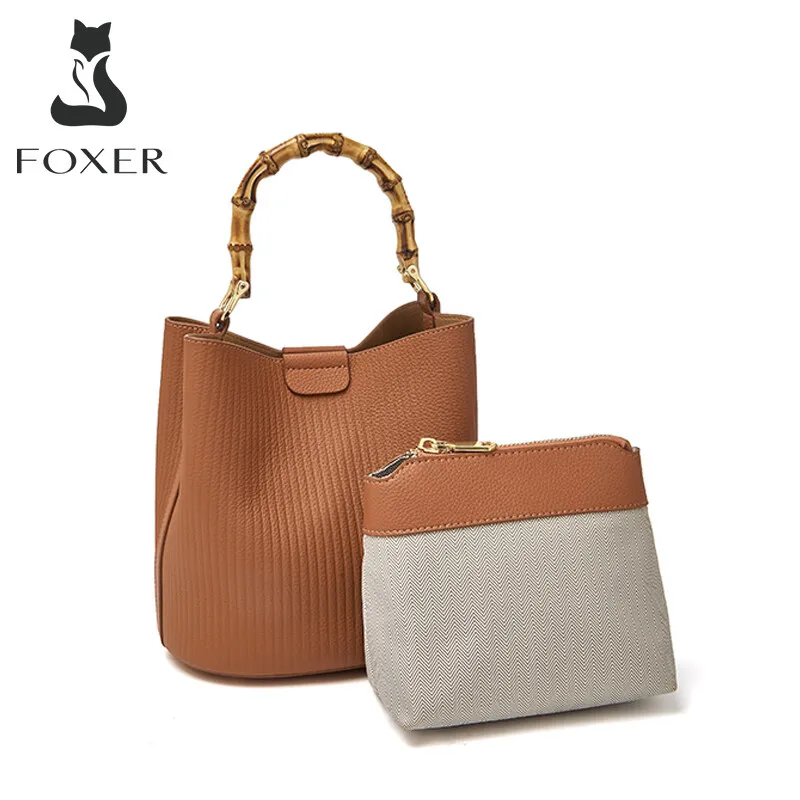 FOXER Female Genuine Leather Bucket Handbag Lady Simple Composite Shoulder Crossbody Bag Women High Quality Cowhide Commute Tote