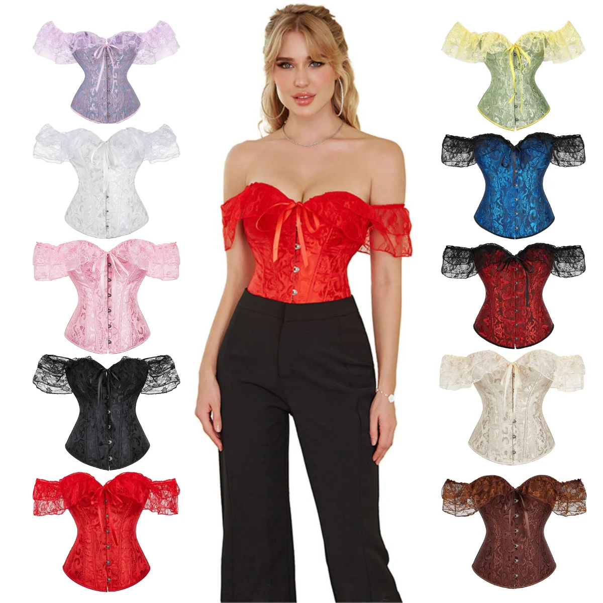 

Vintage Floral Corset Top for Women Lace Ruched Sleeves Bustier Boned Overbust Bodyshaper Bra Push Up Corselet Slim Waist Bodice