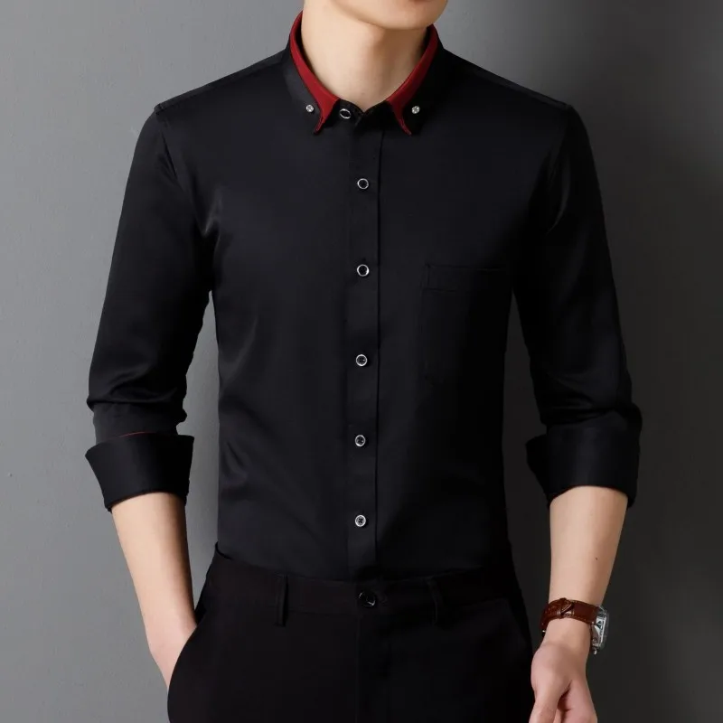 New Fashion Men\'s Formal Shirts Long-sleeved Elastic Non-iron Youth Crystal Button Collar Business Social Shirt For Male Clothes