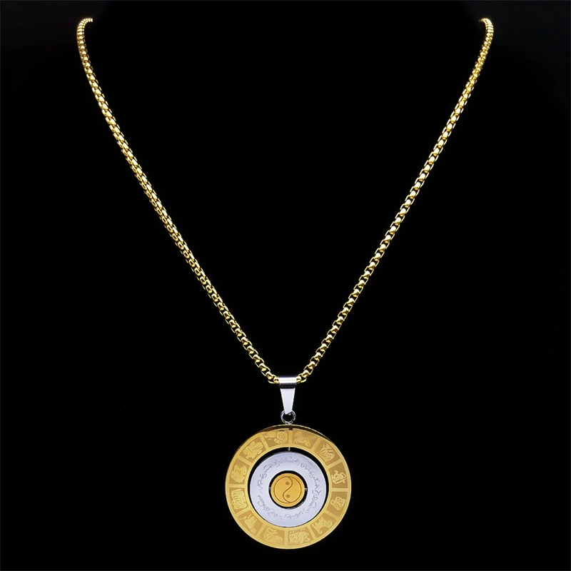 Rotating Chinese 12 Zodiac Nine Palaces Bagua Necklace for Men Women Stainless Taoism Symbol Amulet Chain Jewelry NZZZ174S02