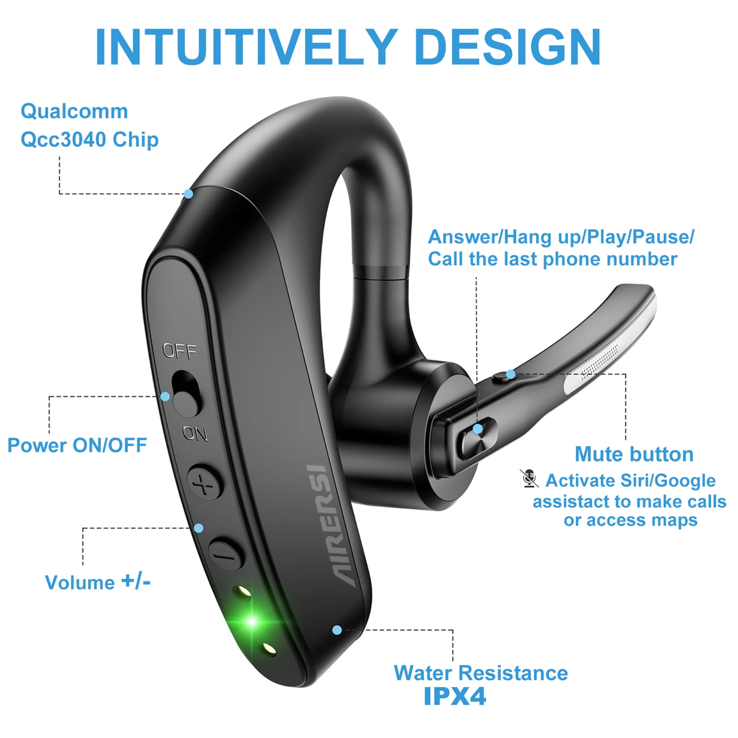 سماعات بلوتوث لاسلكية مع علبة شحن سماعات بلوتوث مع ميكروفون مزدوج لإلغاء الضوضاء لمكتب سائق الشاحنة