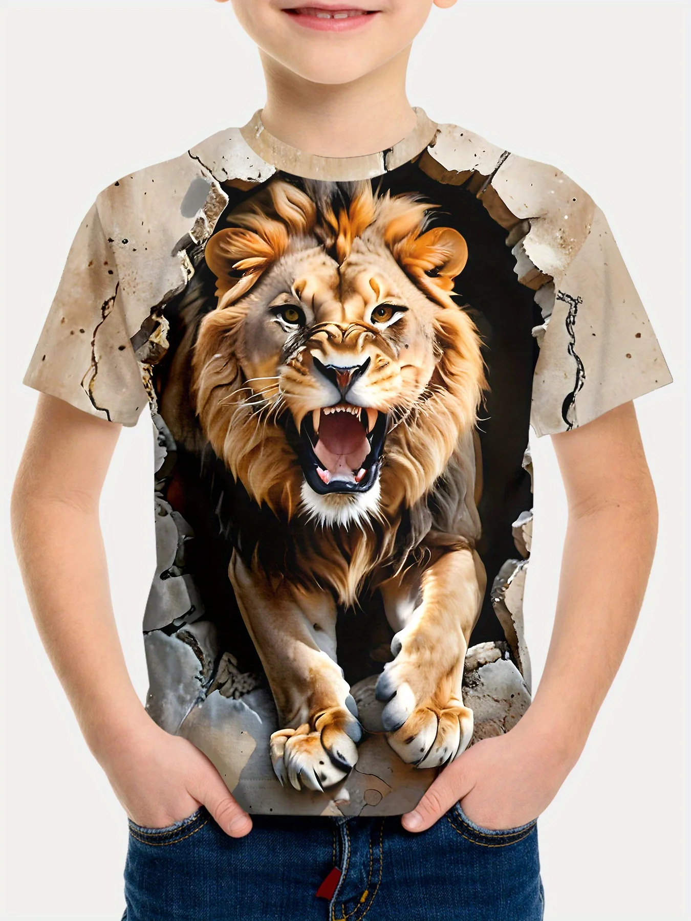 Realistic 3D Lion Break Through Wall Kids T‑Shirt, Boys Wild Animal Graphic Short Sleeve Crew Neck Casual Summer Top