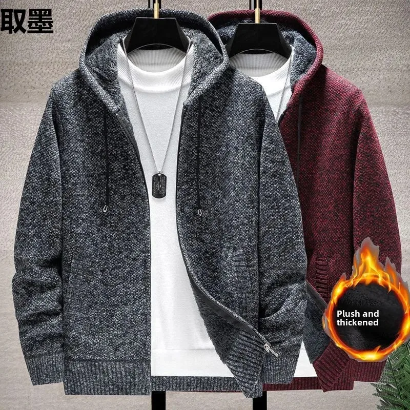 Men's Fleece-Lined and Thickened Autumn Winter Cardigan Sweater Stand Collar Hooded Knitted Top Thick Style Yarn Jacket Spring A