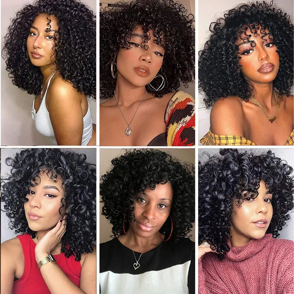 Perruque Brésilienne Naturelle Crépue Bouclée avec Frange pour Femme, Cheveux Humains, Densité 180%, Fabriquée à la Machine, Deep Wave