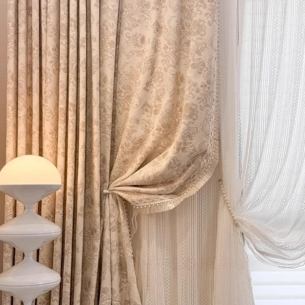 Custom Size Modern Light Luxury French Blackout Cream Snow Neil Yarn Dyed Jacquard Curtains for Living Dining Room Bedroom Decor