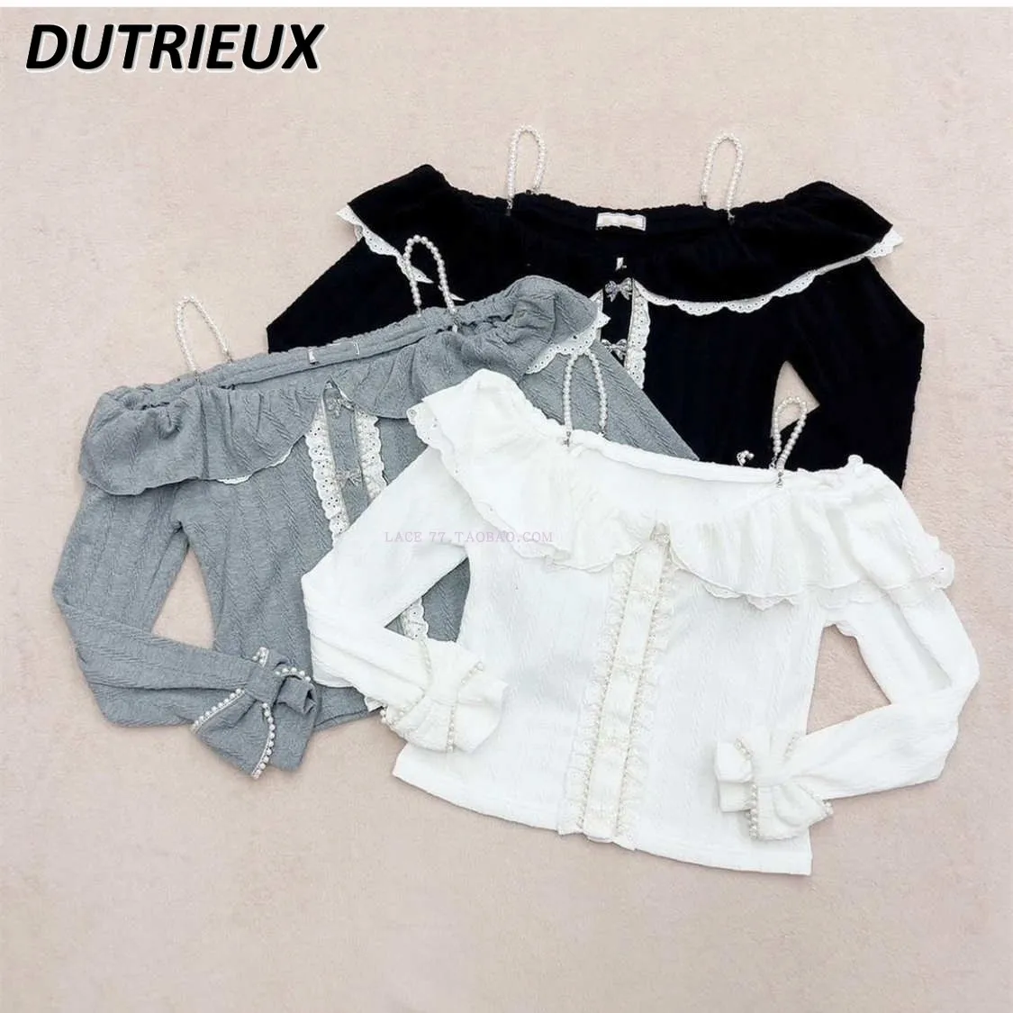 

Detachable Pearl Suspender Bow Button Ruffled Pullover Spring Autumn New Sweet Girl Off-Shoulder Off-the-Neck Knitted Short Top