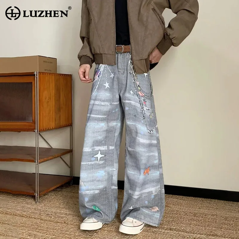

LUZHEN широкие повседневные джинсовые брюки с индивидуальным рисунком и принтом, мужская модная оригинальная уличная одежда, новинка 2025 года, прямые джинсы JY4791