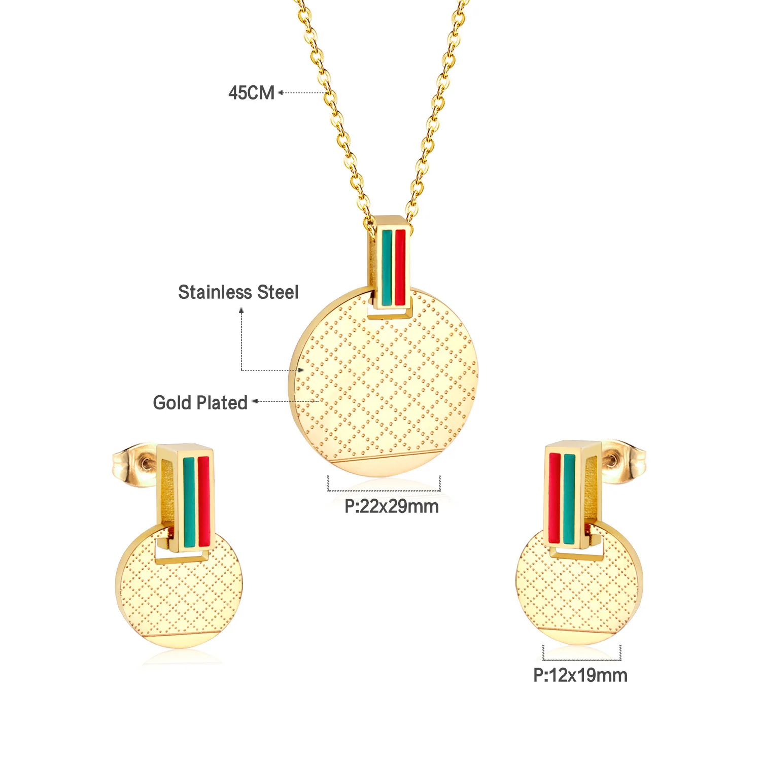 Trendy Round Pendant Necklce Earrings For Women Men 316L Stainless Steel Red Green Striped Rhombus Pattern Choker Jewelry Sets