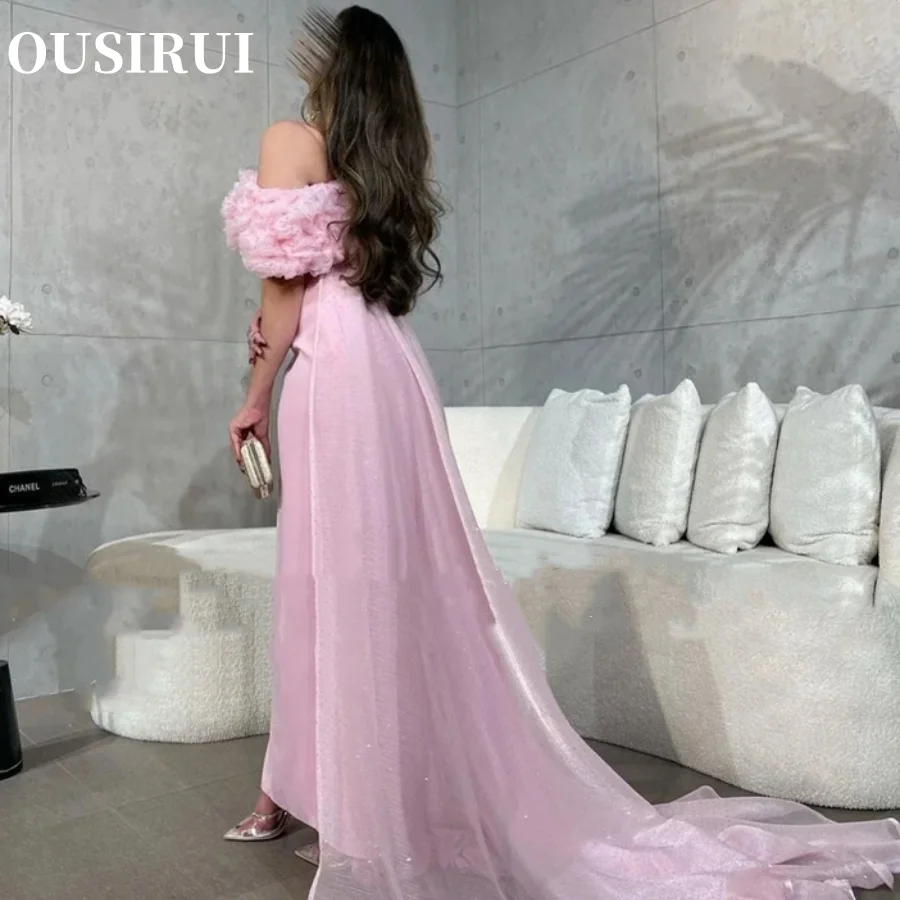 OUSIRUI Sweep Train Elegant Evening Gowns For Women Prom Dress Mermaid Off The Shoulder Satin 3D Flowers Ankle-Length فساتين الس