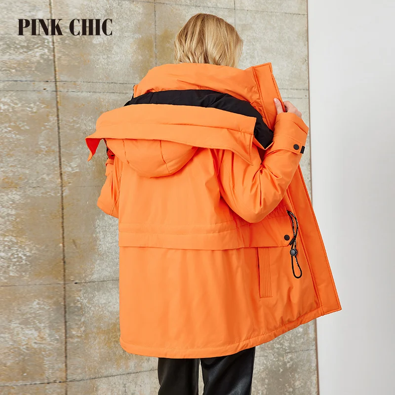 PINK CHIC 2023 New Winter Coat Women Down Jackets Fashion colorful Warm Lace up Hooded short version Parka Female W6566