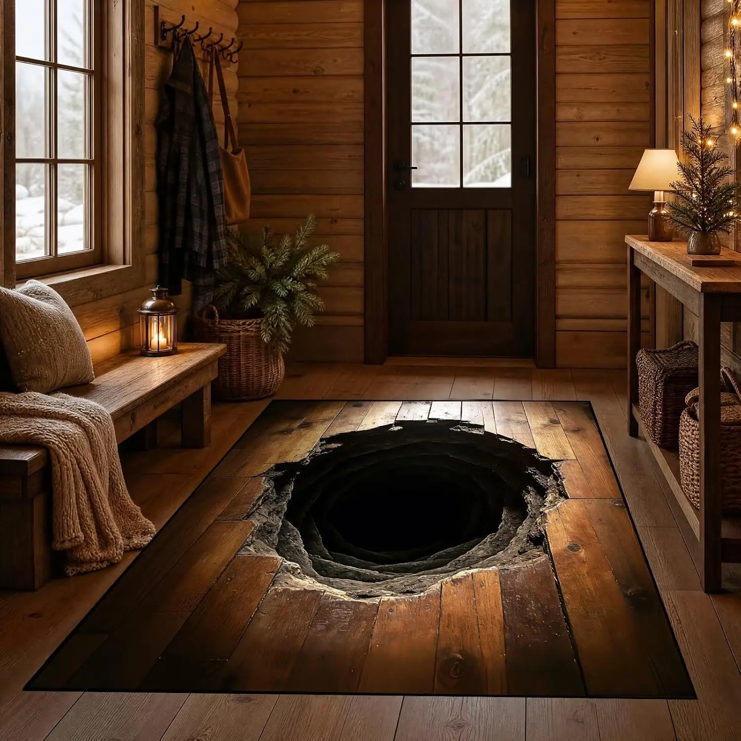 1pc 2D Flat 3D Visual Crack Hole Printed Floor Mat, Decorative Rug for Living Room, Bedroom, Home