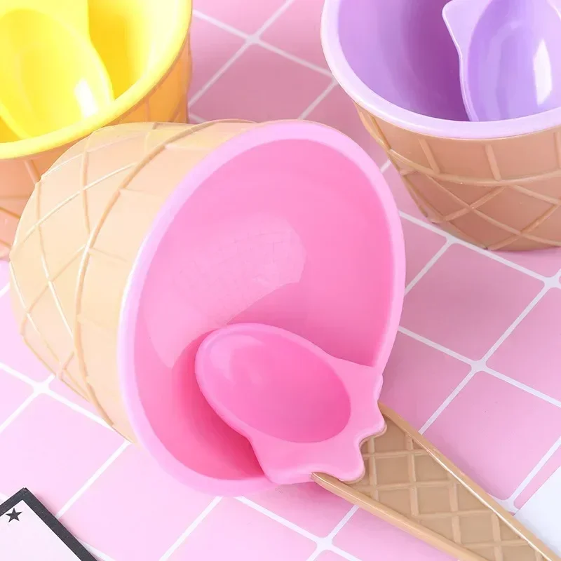 6Pcs Children Colored Ice Cream Bowl + Cone Spoon Plastic Bowl Children's Party Tart Style Dessert Small Bowl Kitchen Accessorie