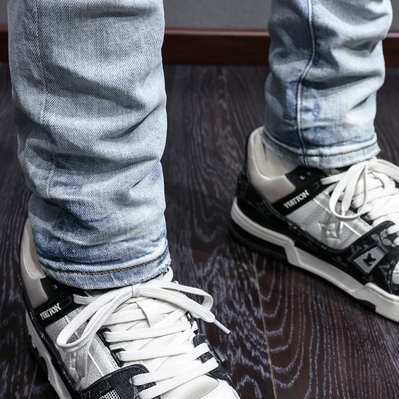 Designer High Street Fashion New Jeans Wrinkled Red Patch Washed Nostalgic Light Blue Men's Jeans High Quality Hip Hop Brand Pan