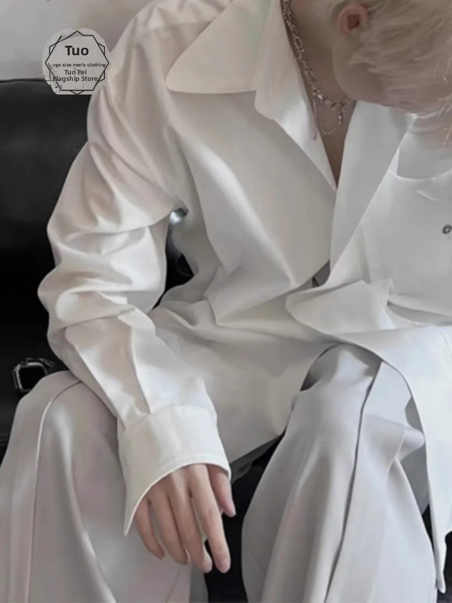 

White Ice Silk Neapolitan Men's Shirt Spring British Style Casual Long Sleeve Outerwear Trendy American Brand Loose Fit Shirt