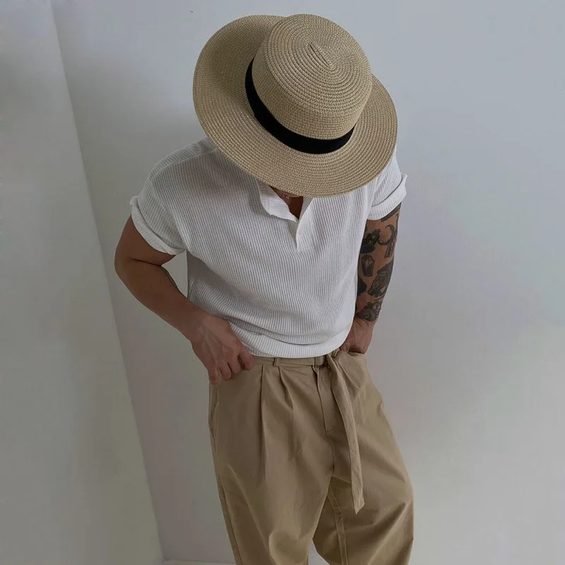 Trendy Button-up Crew Neck Men's T-shirts Summer Clothing Men Vintage Solid Color  Tops Mens Casual Short Sleeve Pullover