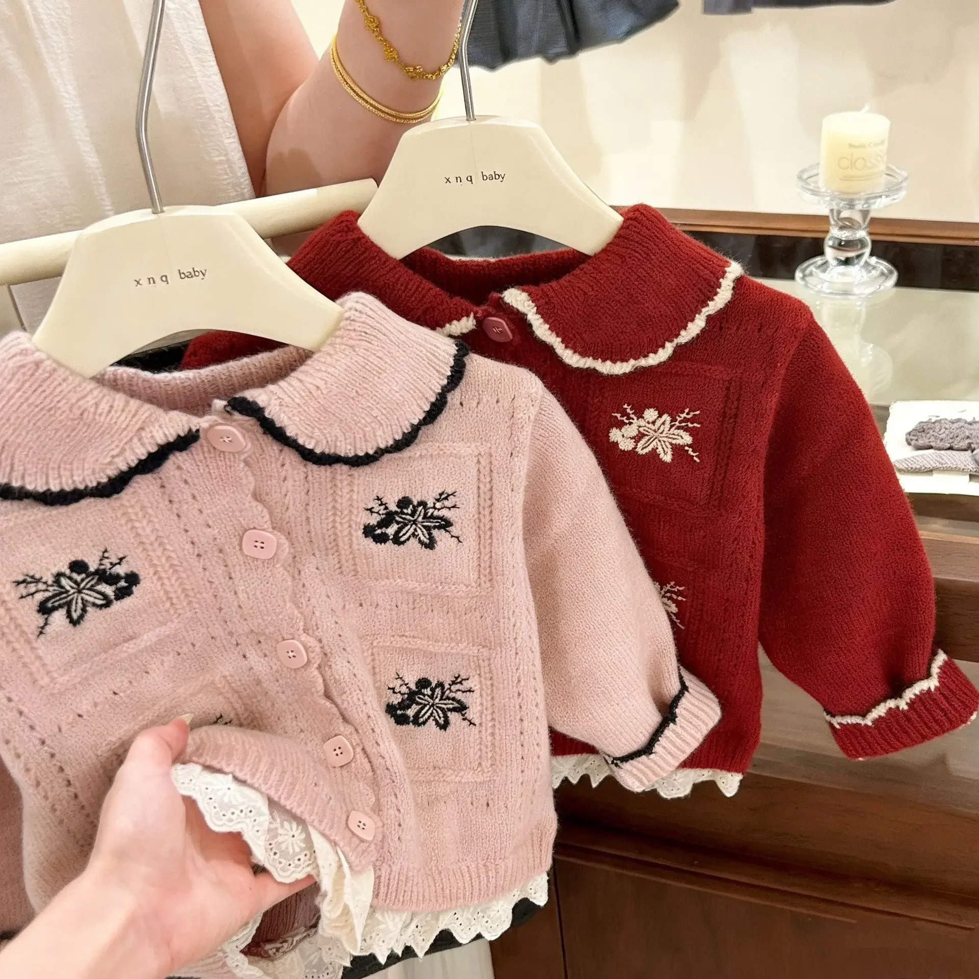 Girls Embroidered Knit Cardigan - Spring Autumn Lapel Collar Sweater Coat, Korean Style Outerwear for Kids