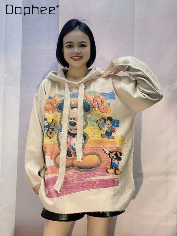 Loose Cartoon Printed Long-sleeved Hooded Knitted Sweater Women Autumn and Winter New Heavy Industry Hot Diamond Loose Top