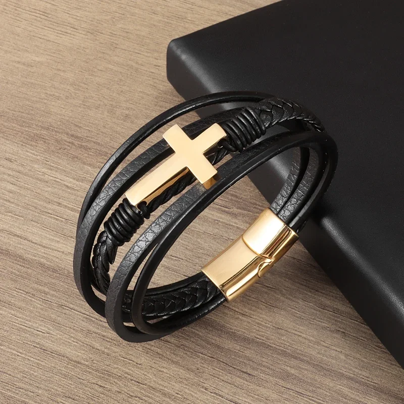 Stylish Braided Multi-Layered Leather Cross Bracelet for Men Fashion Magnetic Bracelet Casual Amulet Accessory