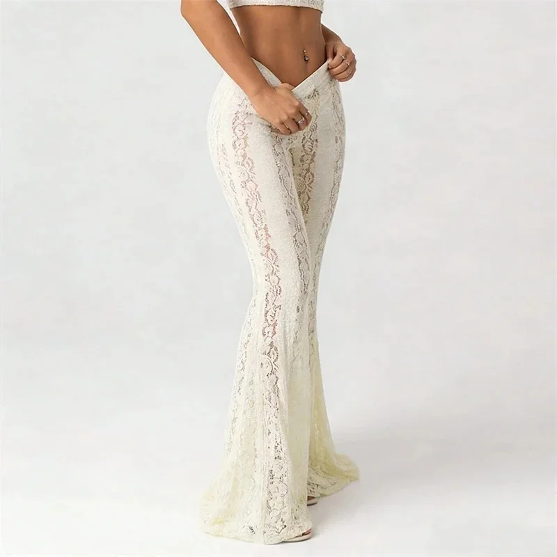 Vintage Slim Low Waist Lace Flare Long Pants Light Luxury Delicate Texture For Her Evening Party Wedding Anniversary Date Night