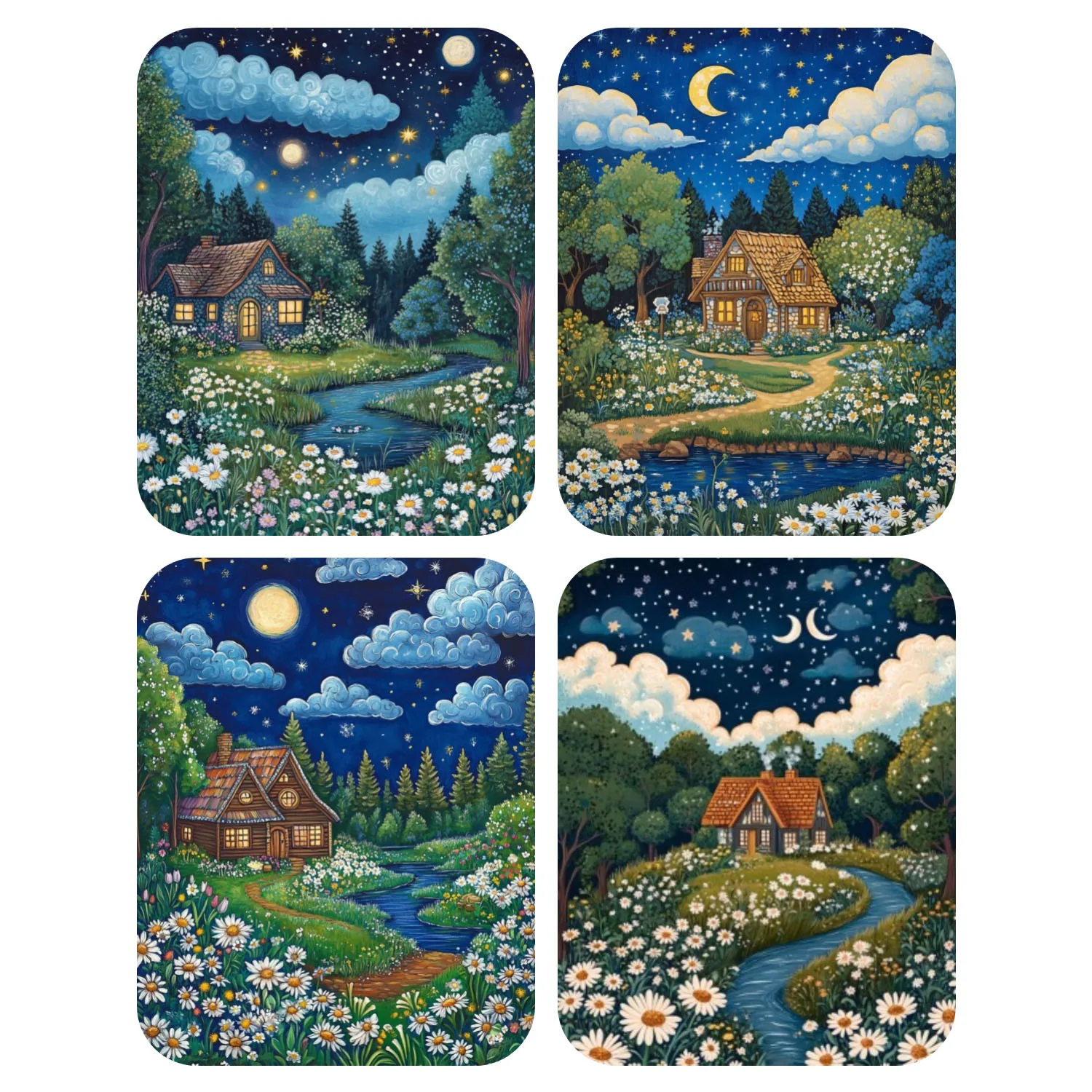 Hand Painted Little house under the stars Landscape Acrylic Painting by Numbers DIY Canvas Art Home Decoration Surprise Gift Kit