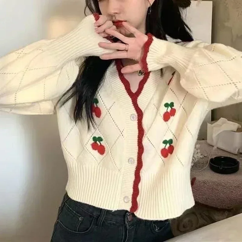 Sweet Style Embroidery Floral Two-piece V Neck Long Sleeve Cardigan Woman + Knitted Tank Sleeveless Cropped Top Dropshipping