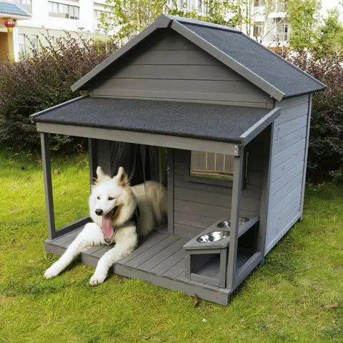 다기능 목재 개집 - 햇빛 가리개와 먹이 그릇이 있는 야외 방풍 및 방수 개집, 대형