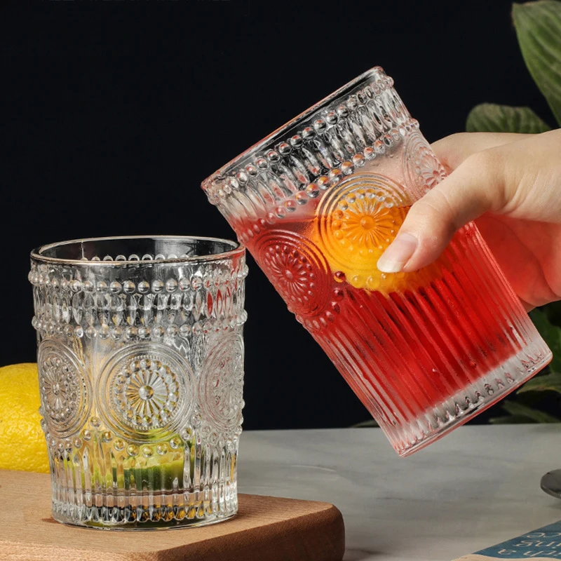 4pcs/2pcs/1pcs Nordic Style Sunflower Water Cup 300ml/350ml Retro Relief Glass Cup French Cold Drink Cups Transparent Juice Cup
