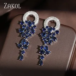 ZAKOL Elegant Blue Cubic Zirconia Long Tassel Drop Earrings for Women Luxury Leaf Shape Bridal Wedding Stylish Jewelry