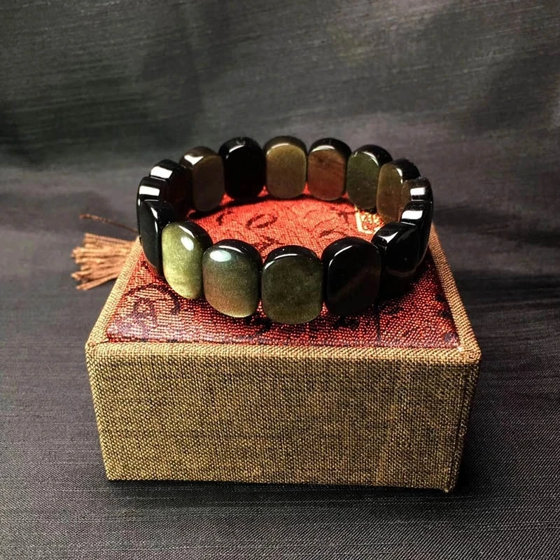 Natural Gold Obsidian Hand Wrist Bangle Rectangle Fashion Jewelry Amulet Stretch Bracelets For Men/Women