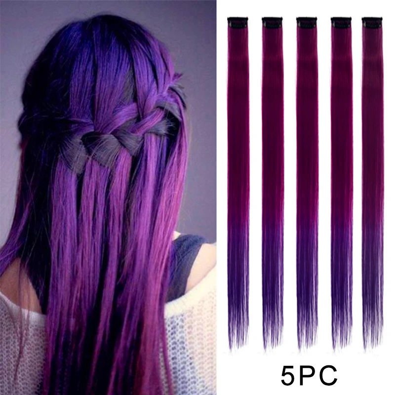 Colored Clip In Hair Extensions Ombre Pink Straight Clip On Party Highlight Hair Wig Synthetic Clip in Hairpieces for Kids Girls