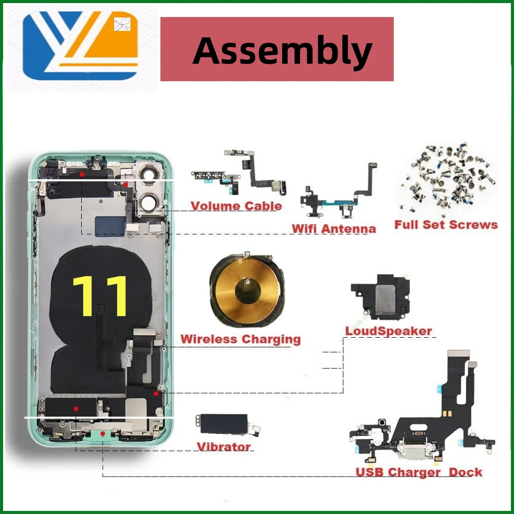 For iPhone 11 Housing Battery Back Cover Mid Case SIM Card Tray Side Key Assembly Soft Case Cable Installation+Tool+trumpet+Wifi