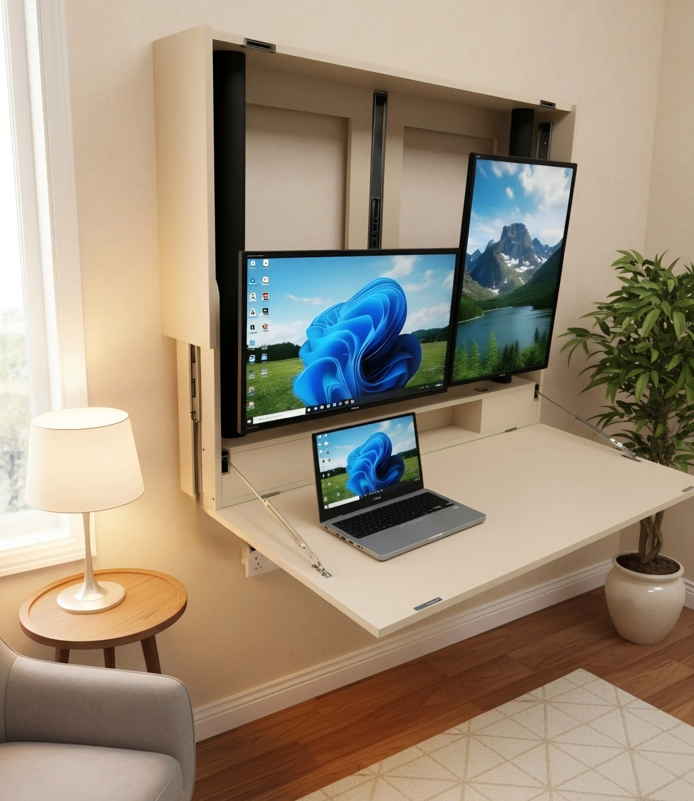 Space Saving Home Workstation Fit Two 27in Extra Wide Wall Mount Electric Sit-Stand Murphy Desk Dual  Fold Out Office OEM
