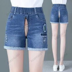 Shorts jeans femininos com virilha aberta, perna reta elástica, cintura alta, solto, fenda fina, calças a-line, roupas ao ar livre